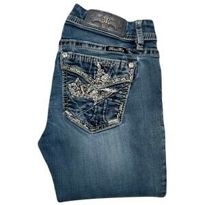 Miss Me Sequin Layered Cross Mid-Rise Easy Skinny Jeans